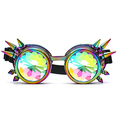 Kaleidoscope Goggles Carnival Psychedelic Steampunk Gafas Sombrero Ropa Accesorios Rainbow Prism Difractive Crystal Lens (Oro) (Un tamaño,Iridiscente)