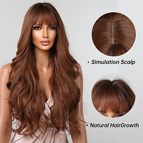 Allbell Long Ombre Brown Wavy Curly Wigs For Black Women Synthetic Curly Wig With Bangs Cosplay Wig Natural Looking #TOP1