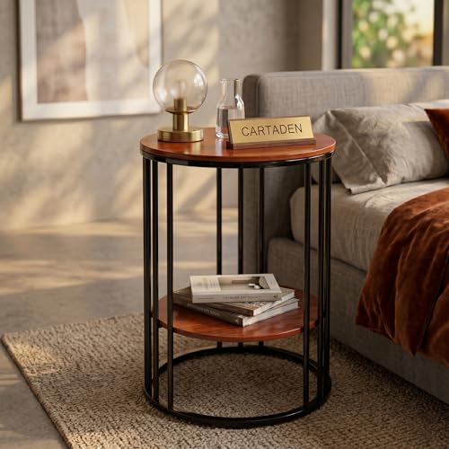Image of CARTADEN Side Table, Small Round End Table with Lower Shelf, Nightstand for Small Spaces, Bedside Coffee Table for Living Room, Bedroom Black Brown
