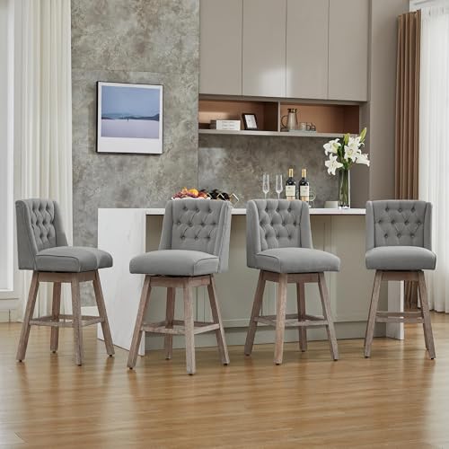 Image of Counter Height Bar Stools Set of 2, 360Swivel Bar Stools with Back and Wood Legs, 28.5 inch Morden Linen Fabric Upholstered Barstools for Kitchen Island Dining Room Bar, Grey