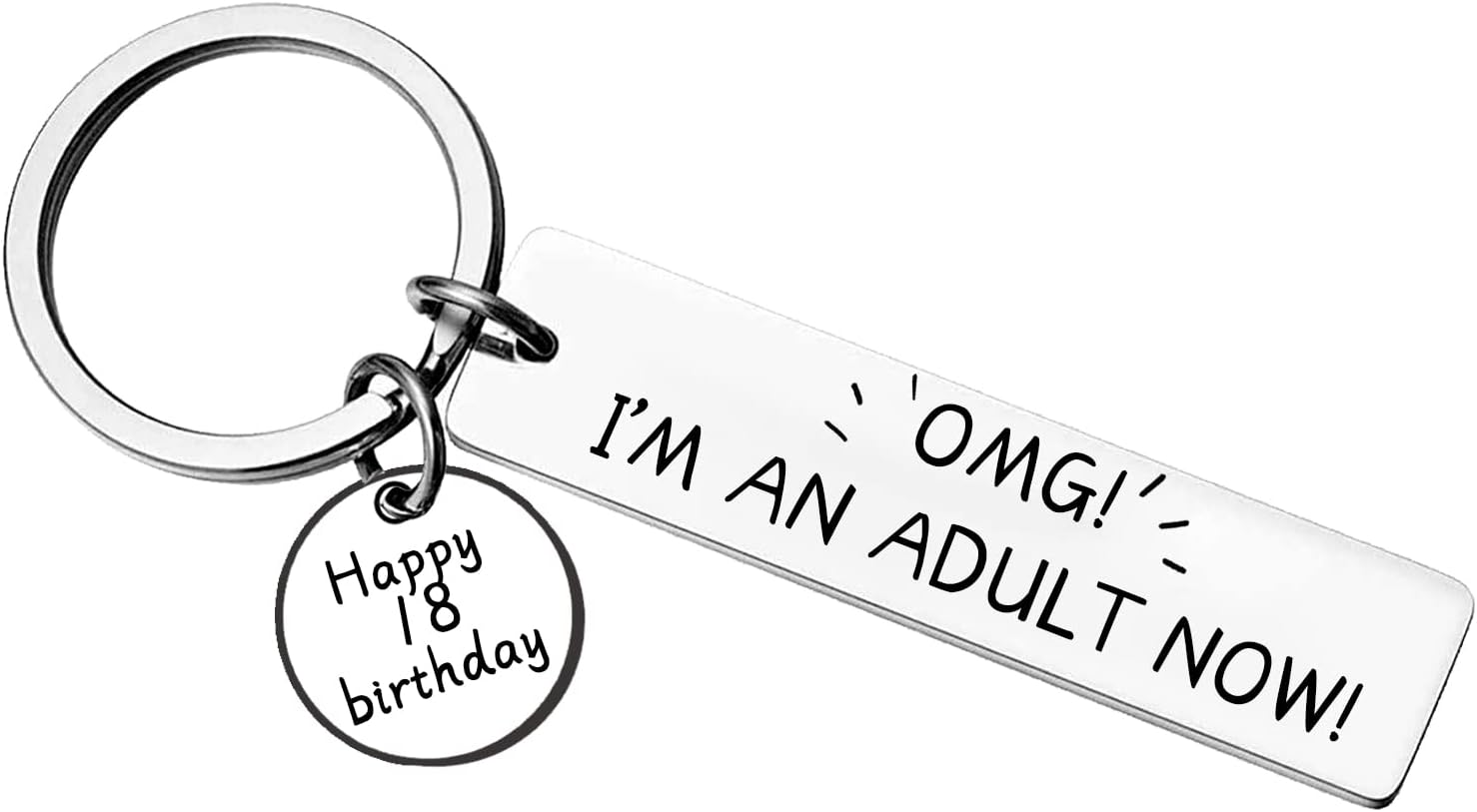 Lumengqi 18th Birthday Keyring, Stainless Steel OMG! I'm An Adult Now! Keychain, Bar Mitzvah Present Keychain, 18th Birthday Gift Key Ring for Women Men Girls Boys, Silver, Large