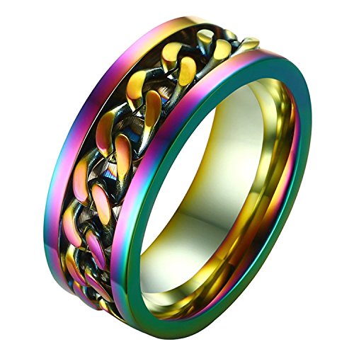 ALEXTINA Men's Women's 8MM Rainbow Stainless Steel Chain Spinner Ring Wedding Band Size 10