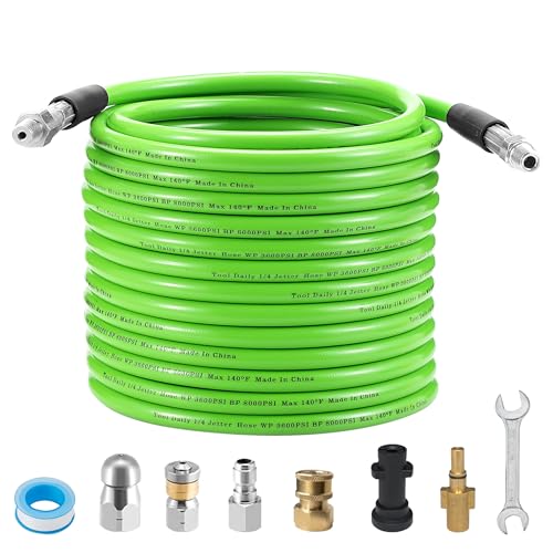 Tool Daily 10M Pressure Washer Drain Pipe Hose Cleaning Kit Compatible with Karcher K2 K3 K4 K5 K6 K7 Series & Bosch AQT, Sewer Jetter Hose with Rotating and Button Nose Jet Nozzle, 3600 PSI