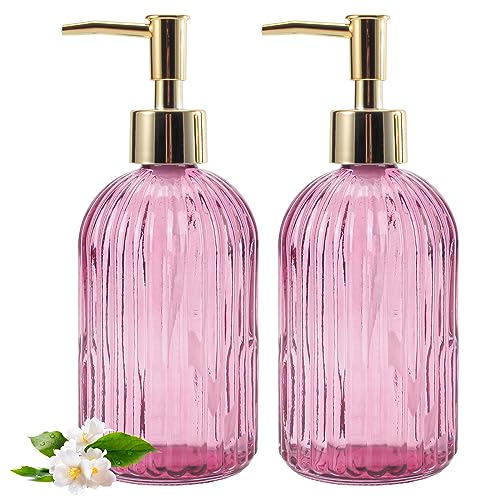 Clear Glass 14 oz Soap Dispenser Set, 2-Pack Refillable Pump Bottles for Kitchen and Bathroom, Textured Non-Slip Design for Liquid Hand Soap, Dish Soap, Lotion (Rose)