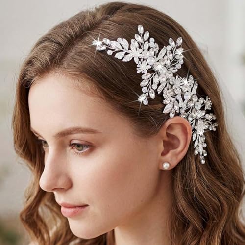 Peine para Boda con Cristales Plata Floral 18.5 cm miniatura 1