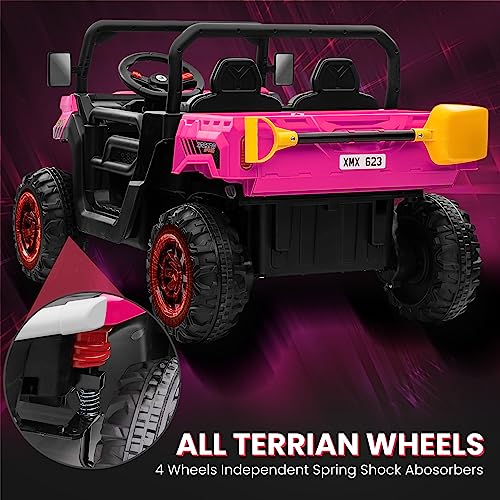 24V 4WD Ride on Truck Car w/4X200W Motor, Dump Bed, Gift Flower, 2 Seaters, Remote Control, 4 Wheeler, LED Light, Music, 24 Volt Battery Powered Ride on Toys for Big Kids Girls 3-8, Pink
