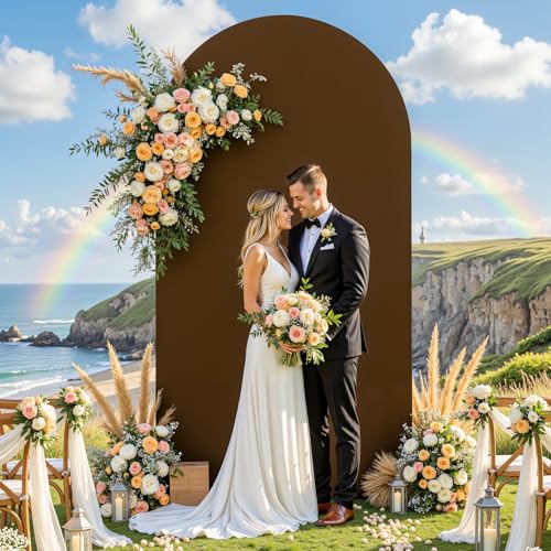 Image of Brown Arch Backdrop Cover 6.6FT Polyester Fitted Wedding Arch Stand Covers Round Top Chiara Arch Covers Stretchy Backdrop Cover for Birthday Party Ceremony Banquet Decoration