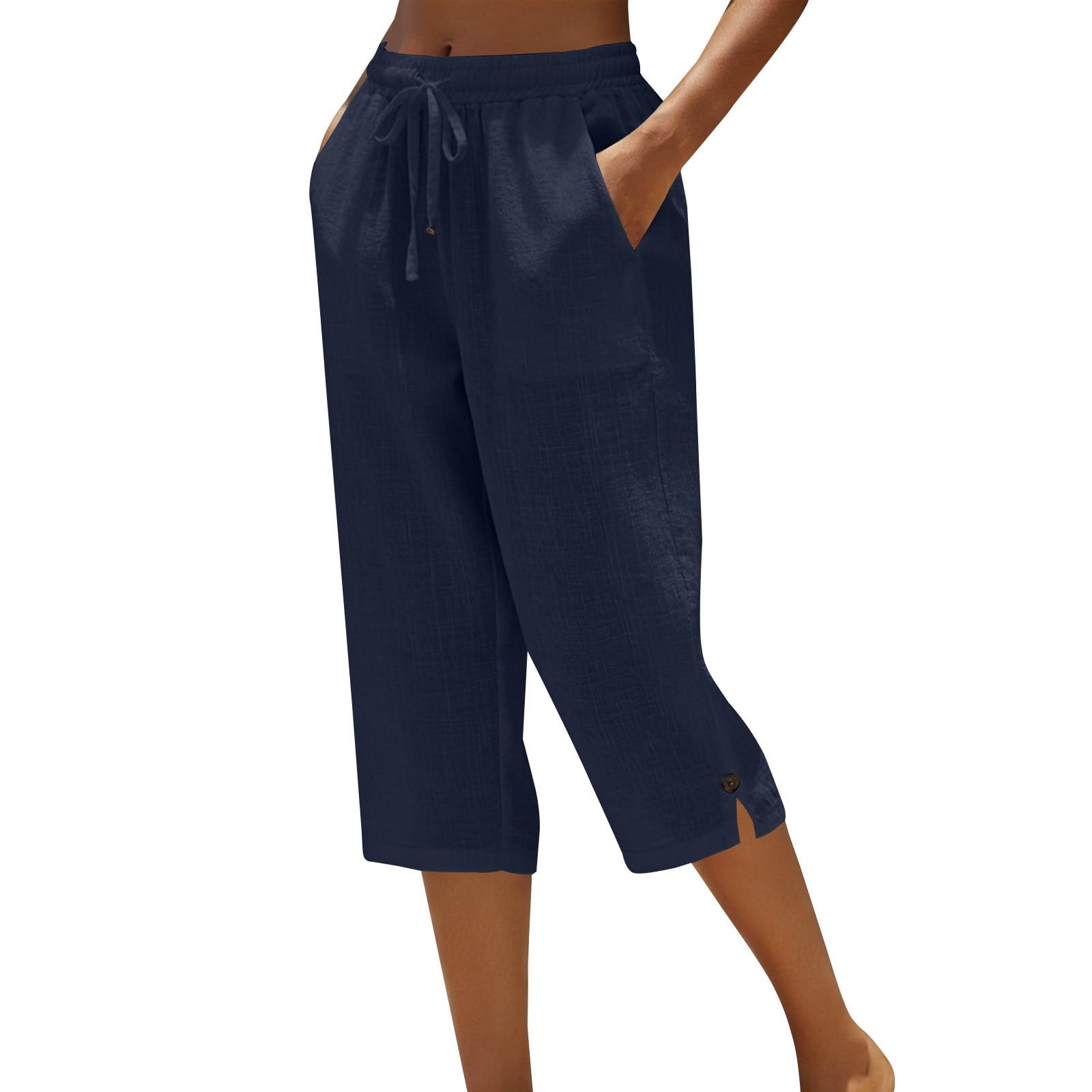Pantacourt Femme Été Pantalon 3/4 en Coton et Lin Pantalon de Jogging Léger avec Poches Taille Élastique avec Cordon Bouton à la Cheville Pantalon de Sport Décontracté pour Yoga Randonnée