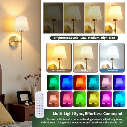 Image of Battery Operated Wall Sconces Set of 2, Wireless Battery Wall Light with 5200mAh Dimmable Bulbs with Remote,RGB15 Colors Wireless Wall Lamps for Bedroom Living Room Hallway Decor-Brass Gold