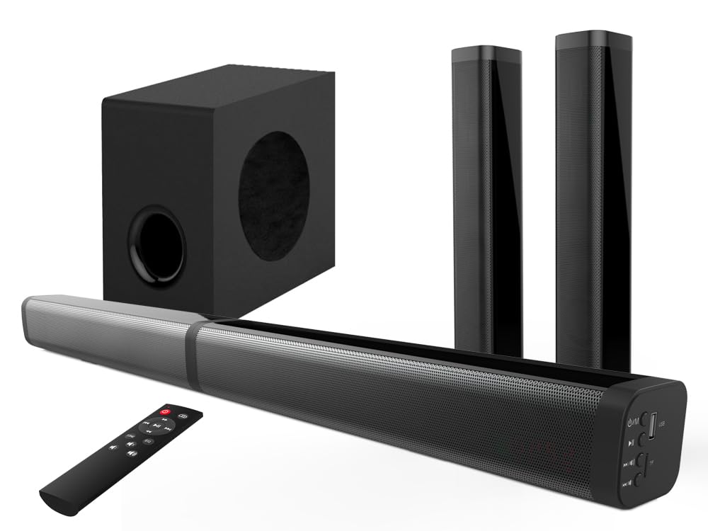 JG Barra de sonido Bluetooth 5.0 80W RMS con subwoofer - Home Cinema 2.1, HDMI Arc, MicroSD, USB y AUX - Negro