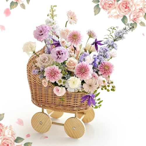 Cesta de ratán tejida con asa, carrito de mimbre vintage para bebé, decoración de cochecito de ratán rústico para bodas y arreglos florales, carrito decorativo para niñas, decoración de centro de mesa