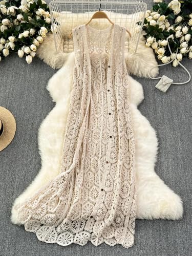 Women Summer Cardigan Crochet Hollow Out Sleeveless Single Breasted Long Sweater Bohemian Beach2
