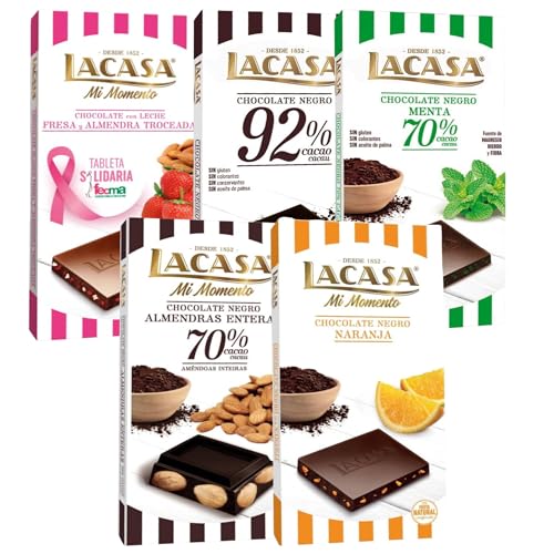 Pack Lacasa 5 deliciosas tabletas de chocolate de distintos sabores y tamaños: naranja, leche fresa y almendra, menta,cacao 92%, almendra 200g