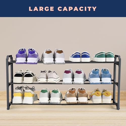 Image of Happhom 3-Tier Expandable Shoe Organizer - Space Saver Shoe Shelf with Smart Design for Closet, Entryway and Small Spaces, Dark Grey (CSR-01)