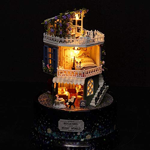 Bruryan DIY Puppenhaus - DIY Puppenhaus Traumhaus Miniatur mit rotierender Spieluhr Staubschutz LED-Licht – Bild 5