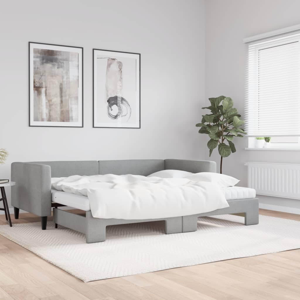 Łóżko dzienne, wysuwane, jasnoszare z obiciem materiałowym, 90 x 190 cm, łącznie z materacem, materacem piankowym, podwójna sofa do spania ze stelażem, stabilny stelaż metalowy i drewniany
