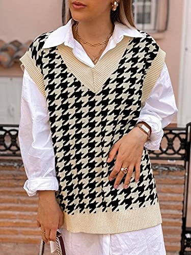 Zaful Women's Pullover Argyle Plaid Sweater Vest Houndstooth Knitted Sleeveless Sweater Preppy Style Vintage Knitwear Top #TOP2