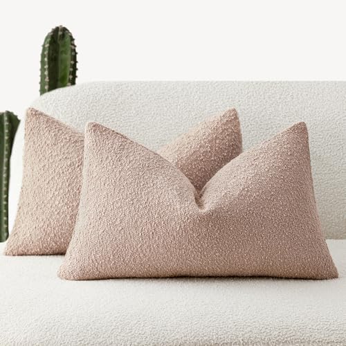 Image of Foindtower Set of 2, Decorative Textured Boucle Throw Pillow Covers Accent Solid Lumbar Pillow Cases Cozy Couch Cushion Case for Chair Sofa Bedroom Living Room Home Decor 12 x 20 Inch Light Pink