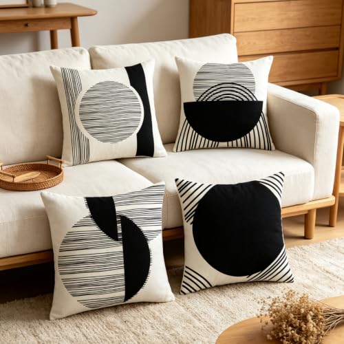 IcosaMro Boho Pillow Covers 18x18 Set of 4 Black and White Mid Century