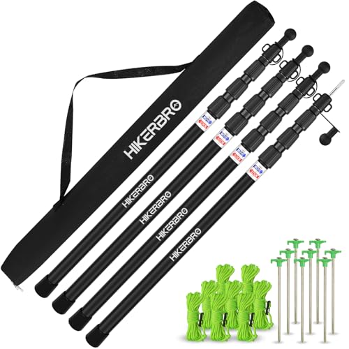 HIKERBRO Tarp Poles, Telescoping Tent Pole Set of 4, 7.7ft Aluminum Lightweight Portable Support Rod with Protection Cap, for Camping, Awning, Sun Shades,Rain Fly, Free Guylines & Stakes (4 Poles)