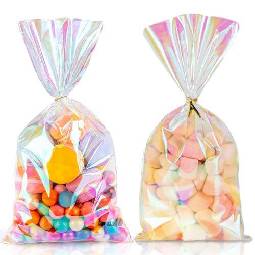 50 PCS Iridescent Cellophane Gift Bags - 6.1x12.1 Inch Holographic Treat Bags with Ties for Candy Party Favors (Birthday Wedding Easter Christmas)