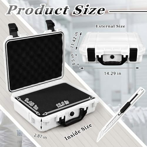 Image of Relaxweex 1 Pcs Waterproof Hard Case with DIY Customizable Foam Insert Portable Protective Case with Knife for Camera Drones Equipments Tools Test Instruments(White,14.3 x 11.4 x 4.5 Inch)
