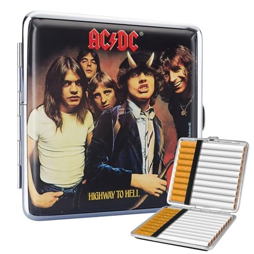 AC/DC Highway to Hell Cigarette Case – Metal & PU Leather Cigarette Case for 20 Cigarettes – Durable Cigarette Box with Artistic Design – Slim Pocket Case for Men & Women – Gift for Smokers
