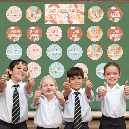 Image of Naozinebi Hippie Affirmation Station Bulletin Board Set Groovy Positive Bulletin Board for Classroom Mirror Growth Mindset Decors Inspirational Motivational Accent Cutout for Home School Wall Supply