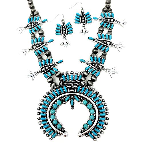 Emulily Chunky Western Turquoise Squash Blossom Statement Necklace and Earrings Set Navajo Pearl (Turquoise)