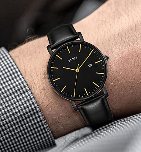 Image of BUREI Men's Fashion Minimalist Wrist Watch Analog Date with Leather Strap