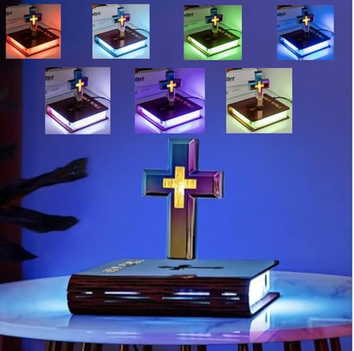 Image of Levitating Cross Lamp Floating Jesus & Bible Night Light Colorful Magnetic Levitation Cross Ornament Glowing Cross Light Home Desk Decoration