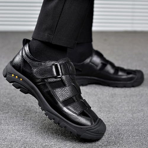MILDSEVEN Men's Fashion Outdoor Hiking Sandals, Closed Toe Business Sandals, Real Leather Sports Beach Shoes,6.5,Black4