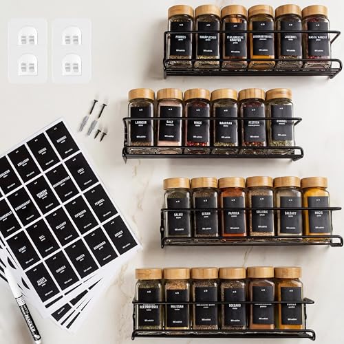 Deco haus® Etagere a Epices Murale Sans Percer avec 24 Pot à Épices en Verre - Porte-épices Murale 4 Pièces - Étagère de Rangement de Cuisine pour...
