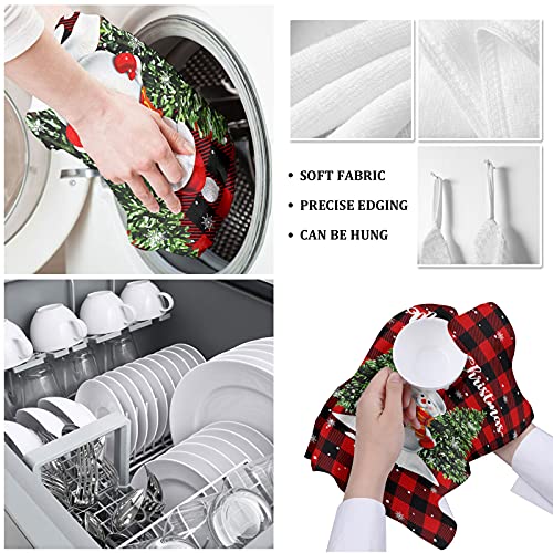 Beisseid Christmas Kitchen Dish Towels Snowman With Xmas Tree Dish Cloth Fingertip Bath Towels Cloth Red Buffalo Plaid Check Hand Drying Soft Cotton Tea Towel Set 18X28In 2Pcs #TOP5