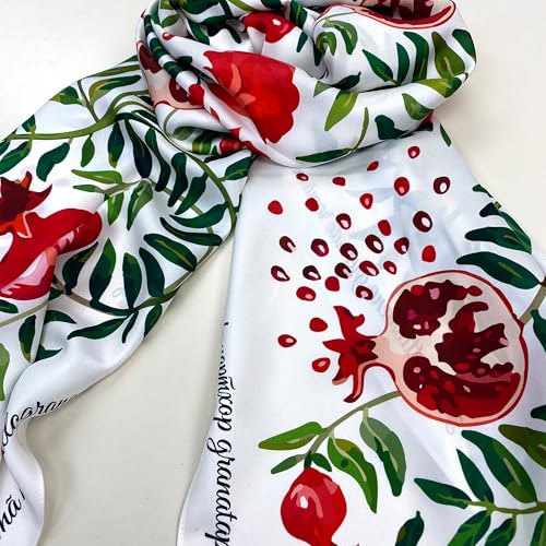 100% Silk Scarf with Pomegranate and Floral Garden Print Lightweight Summer Shawl Wrap for Women3