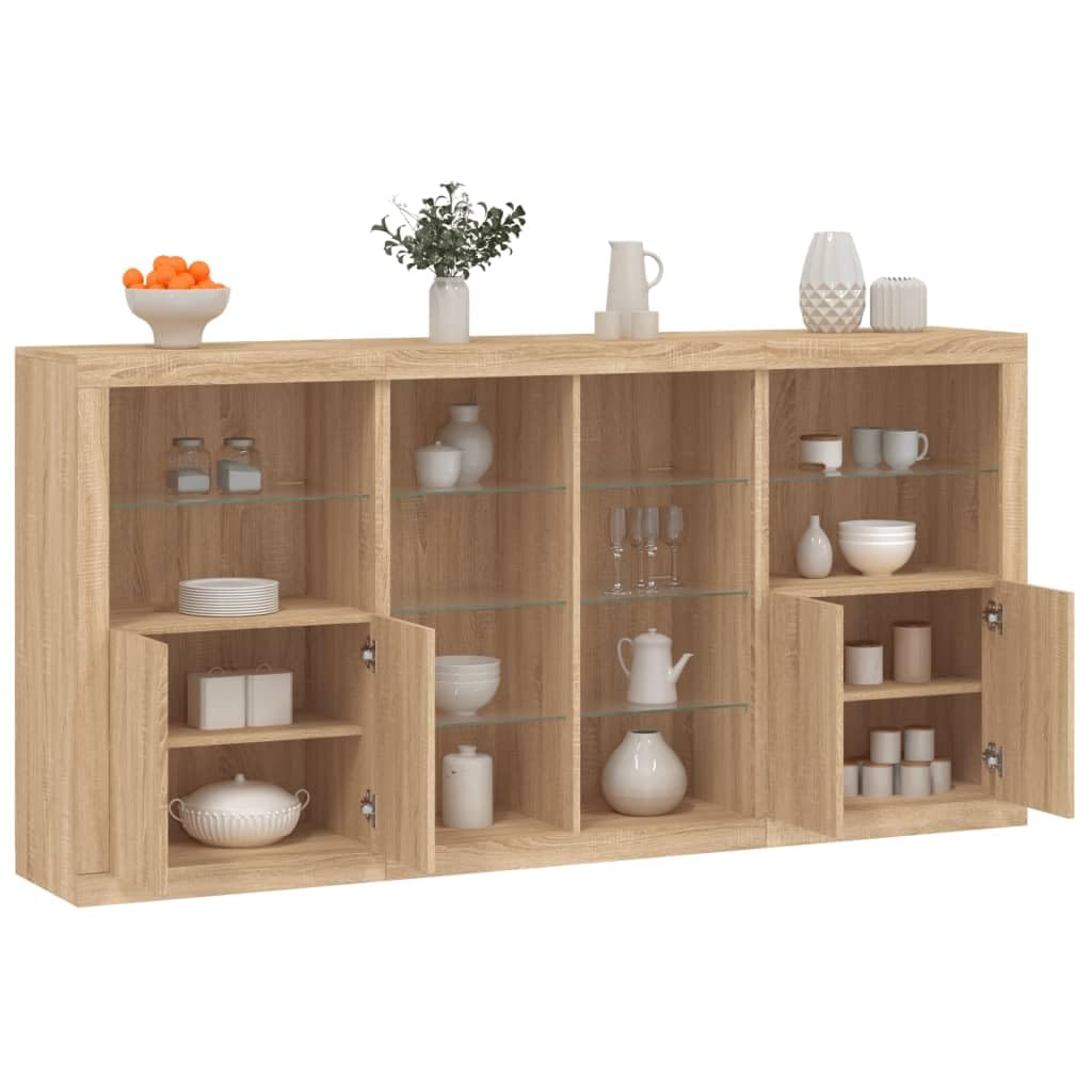 Buffet avec lumières LED - Chêne Sonoma - Armoire de jardin - Pour salon, chambre à coucher - 202 x 37 x 100 cm