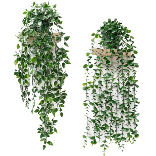 Dremisland Artificial Plant Eucalyptus - Set of 2 Decorative Artificial Hanging Plants with Pots Fake Ivy Vines Greenery Faux Trailing Plants for Home Garden Office Shelf Wall Decoration
