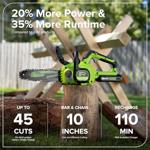 Image of Greenworks 24V 10'' Brushless Chainsaw, Great For Storm Clean-Up, Pruning, and Firewood, 2.0Ah Battery and 30W Type-C Charger