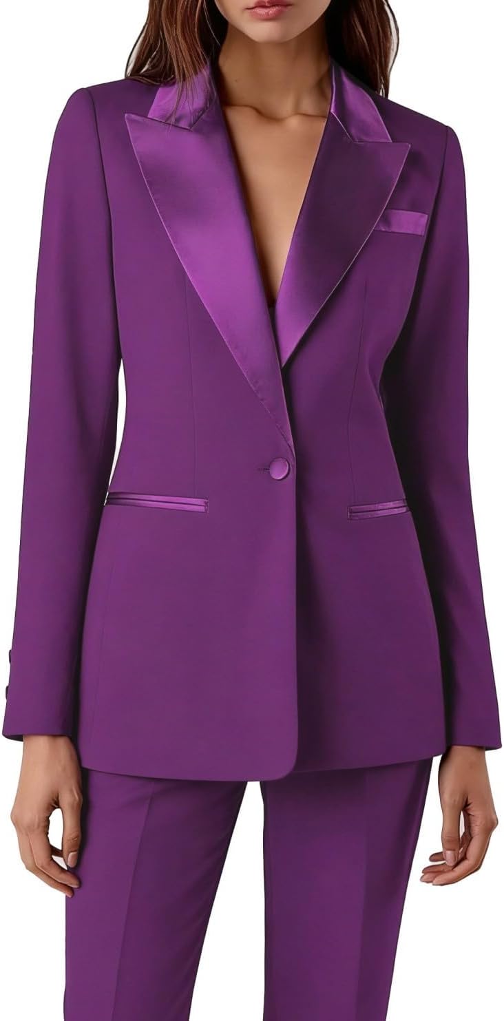 Women's 2 Piece Pant Suit Set Satin Peaked Lapel One Button Workout Suits Wedding Party Prom Tuxedo Suits