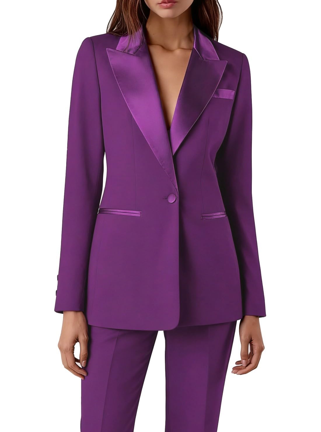 Completo da donna in 2 pezzi con risvolto a punta in raso, un bottone, per allenamento, matrimoni, feste, balli studenteschi, smoking