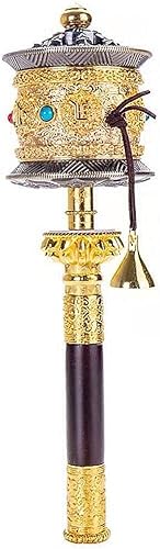 Rueda de oración de mano grande de cobre con budista tibetano de seis caracteres de verdad de Buda de primera calidad, rueda de oración de mango de