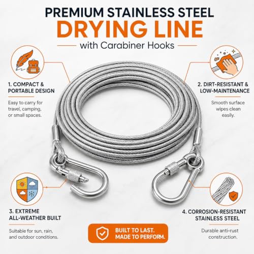Image of 10 Meter Heavy Duty Clothes Drying Rope with Hooks | Strong Steel Clothesline for Balcony, Travel, Camping & Home Use | Rust Resistant Silver Clothes Line
