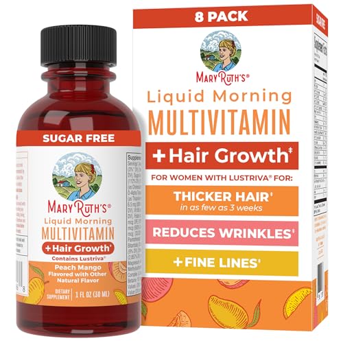 Image of MARYRUTH'S Liquid Multivitamin + Hair Growth Travel Pack | Biotin 10000mcg | Lustriva Hair Growth Supplement | Clinically Tested in Women for Thicker Hair & Facial Wrinkle | 18+ | 1 Fl Oz (Pack of 8)