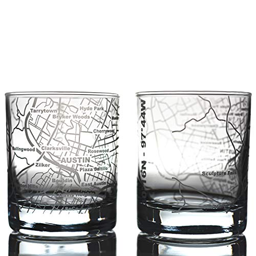 Greenline Goods Whiskey Glasses - 10 Oz Tumbler Gift Set for Austin lovers, Etched with Austin Map | Old Fashioned Rocks Glass - Set of 2