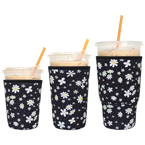 Image of 3 Pack Reusable Iced Coffee Sleeves - Xumbtvs Insulator Sleeve for Cold Beverages, Neoprene Coffee Cup Holder (Daisy)