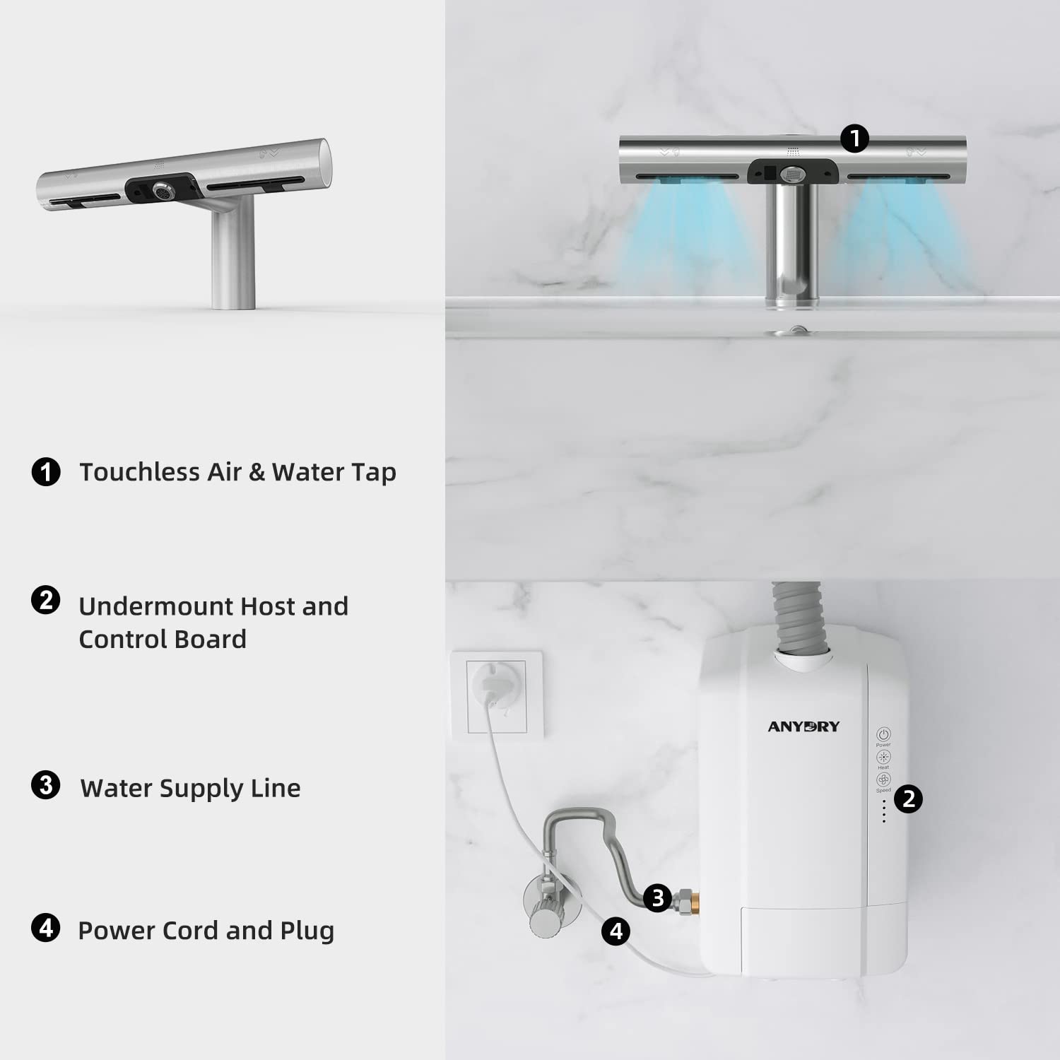 anydry 7120 Robinet Sèche-Mains Lavage et séchage Automatique en Un Seul Robinet Sèche-Mains Brossé