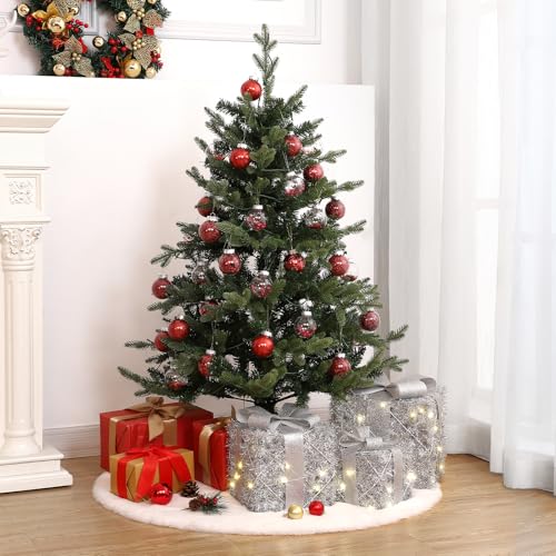 Garveehome Set of 3 Christmas Lighted Gift Boxes, Pre-Lit Gift Present Boxes with Ribbons and Bows, Light Up Xmas Ornaments for Indoor Outdoor Christmas Tree, Home, Yard, Lawn, Silver