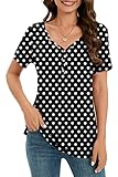 NILOUFO Womens Casual Summer Shirts Blouses Short Sleeve V Neck Tops Tunics(C:Polka Dot Black, X-Lar