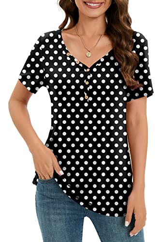 Niloufo Womens Casual Summer Shirts Blouses Short Sleeve V Neck Tops Tunics(C:polka Dot Black, X-Large) #TOP25
