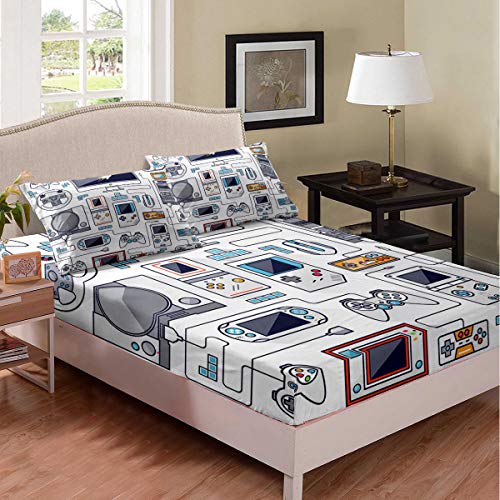 Boys Game Fitted Sheet Gamepad Printed Bedding Set For Kids Teens Videogame Controller Fitted Bed Sheet Gaming Console Bedding Decor Set Twin Size 1 Fitted Sheet With 1 Pillow Case(No Top Sheet)